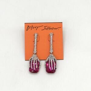 Betsey Johnson Pink Stone Rich Witch Skeleton Hand Drop Earrings Halloween NEW